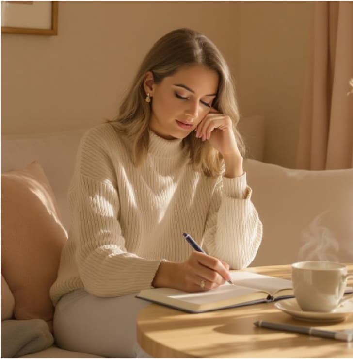 A woman journalling quietly at home with a cup of tea, and counselling session