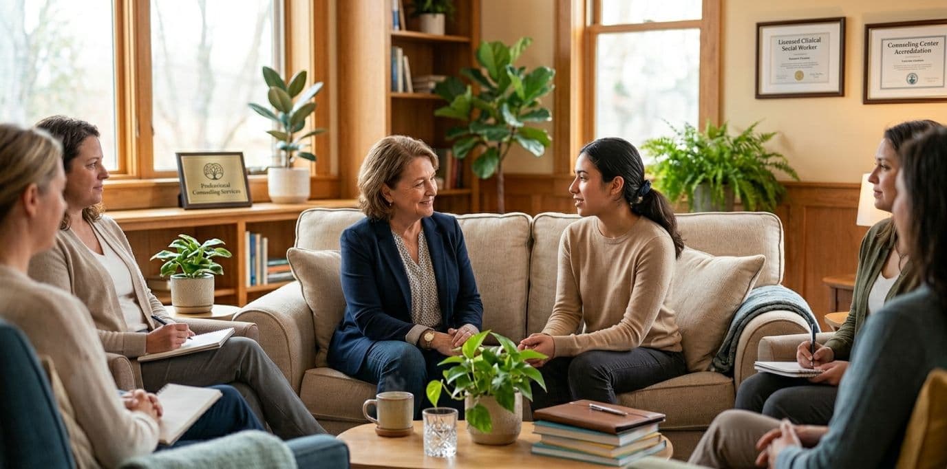 A counselling group in conversation in a warm, sunlit room