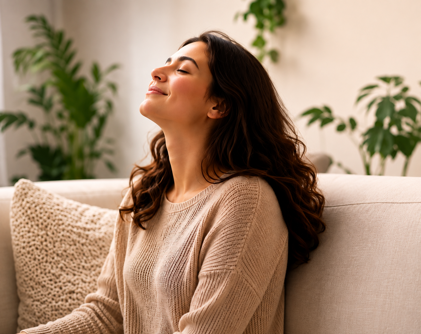A woman resting on a sofa with her eyes closed, breathing calmly