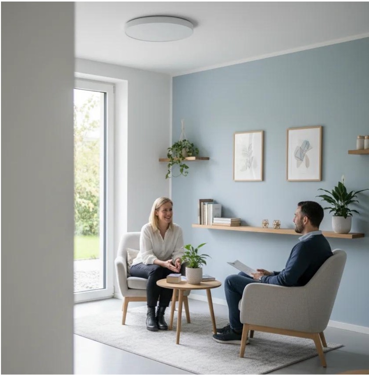Two people in conversation in a bright consulting room