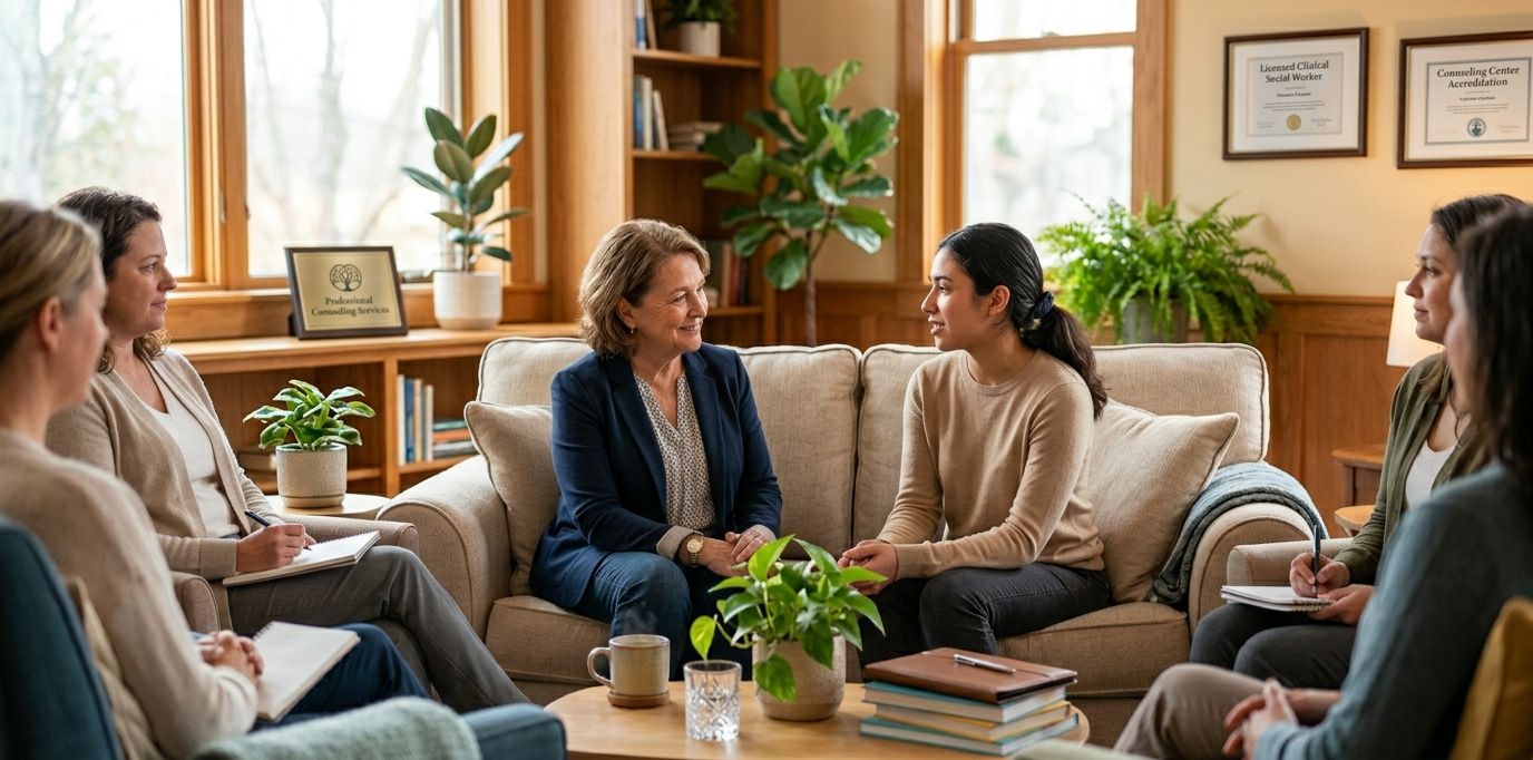 A counselling group in conversation in a warm, sunlit room