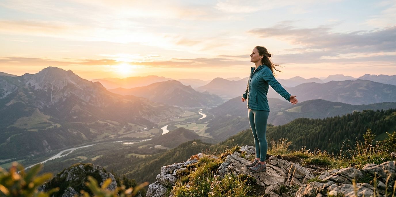 A woman standing on a mountain ridge at sunrise with her arms open