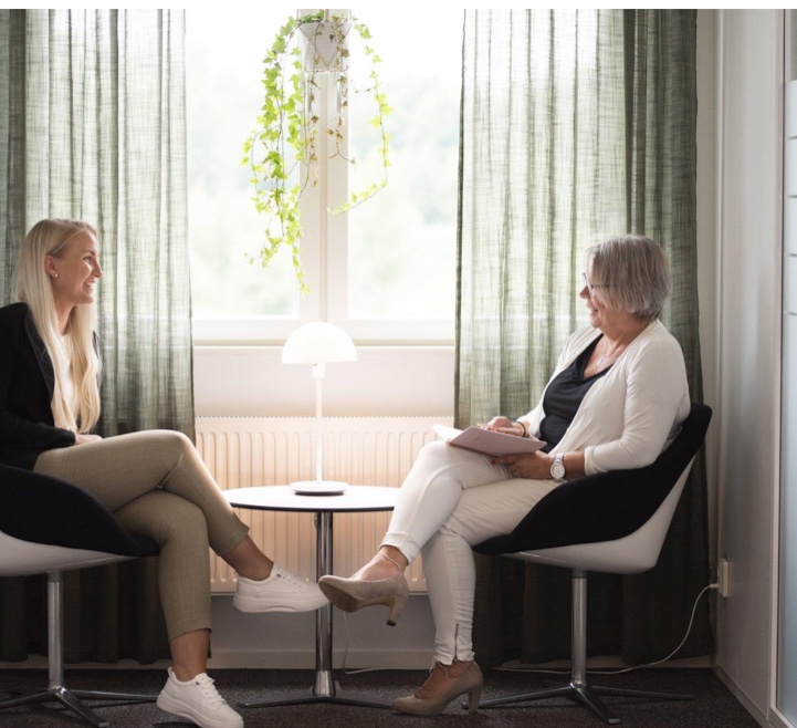 Two women talking in armchairs beside a bright window